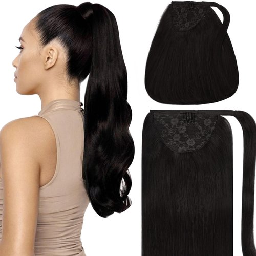 Caliee Ponytail Extension Human Hair 1B Natural Black Wrap Around Clip in Long Straight Comb Binding Ponytail Hair Extensions Real Remy Human Hair One Piece for Women Girl 20Inch