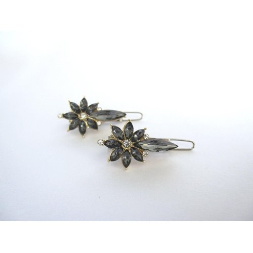 Two small tiny gray crystal flower hair pin clip barrettes fine hair