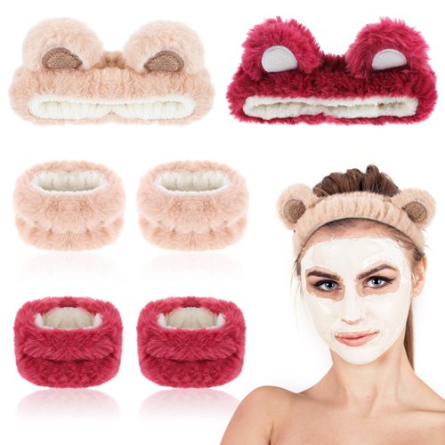 LLOUSSAK 2Pcs Skincare Headband and Wristband Set, Cute Bear Ears Face Wash Headband, Soft Furry Face Washing Wristbands, Skincare Face Wash Wristbands (Khaki, Rose)