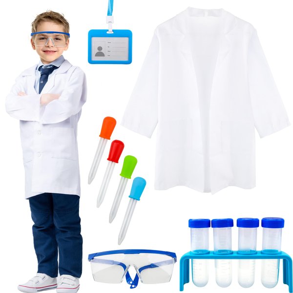 Swakuta 12 Pcs Kids Scientist Costume Set White Lab Coat Goggles with Scientist Prop Toys Science Outfit for Boys Girls Party Halloween Pretend Dress Up