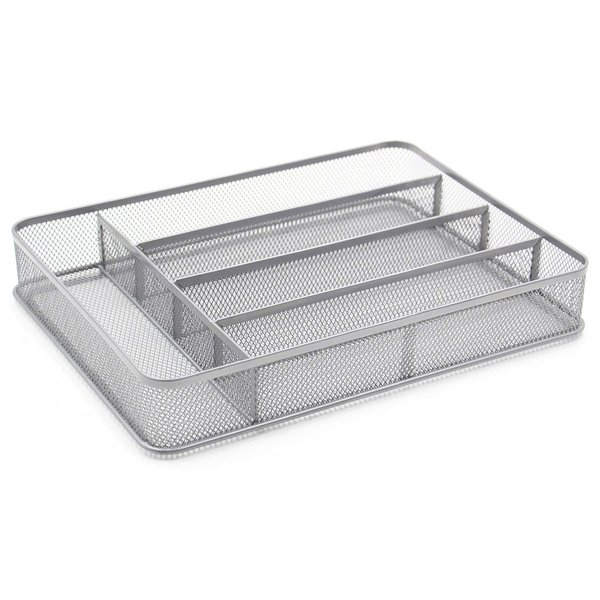 TQVAI Mesh Cutlery Tray 5 Compartments Kitchen Silverware Holder Utensil Flatware Organizer, Silver