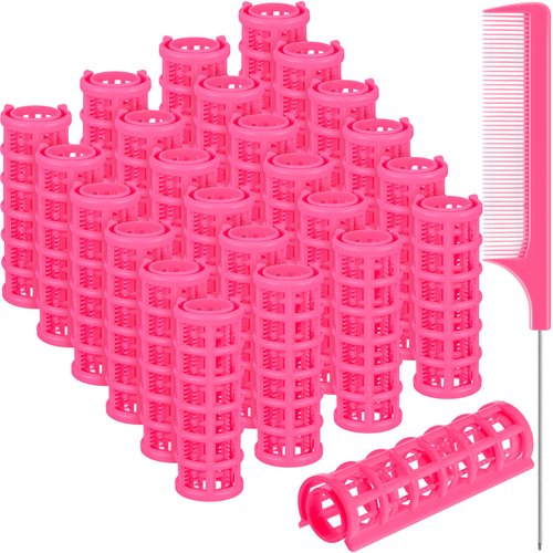 Syhood 24 Pcs Snap Hair Roller, Small Plastic Hair Rollers Hair Curlers with Rat Tail Comb for Short Hair Long Hair Styling Tool(0.59 x 2.28 Inch,Pink)