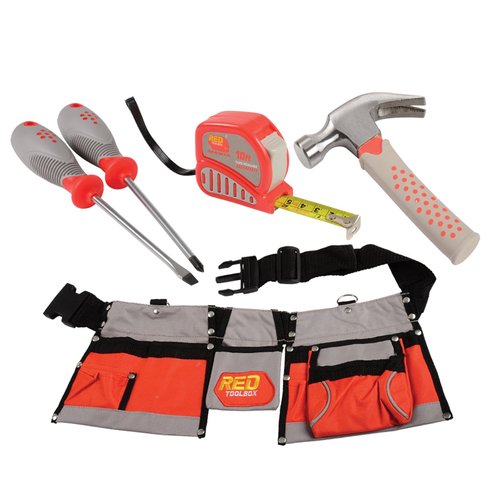 Constructive Playthings Adjustable Tool Belt with Multiple Pockets and 4 pc. Tool Set