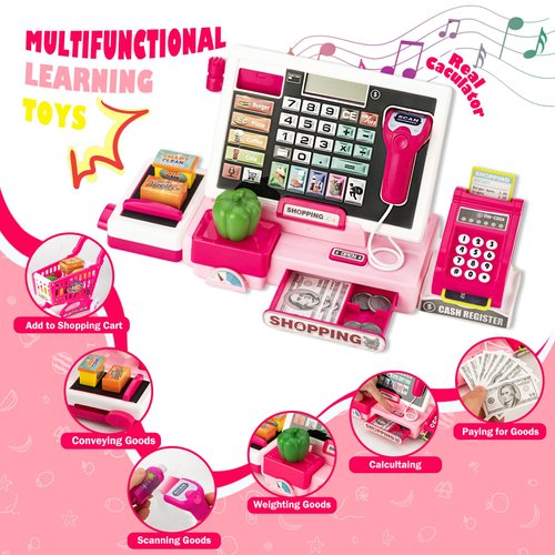 Kids Cash Register Toy with Shopping Cart Toddler Pretend Play Store Cashier Register for Kids with Music / Real Calculator / Scanner Learning Toys for Girls Birthday Gift for 3-8 Year Old Girl
