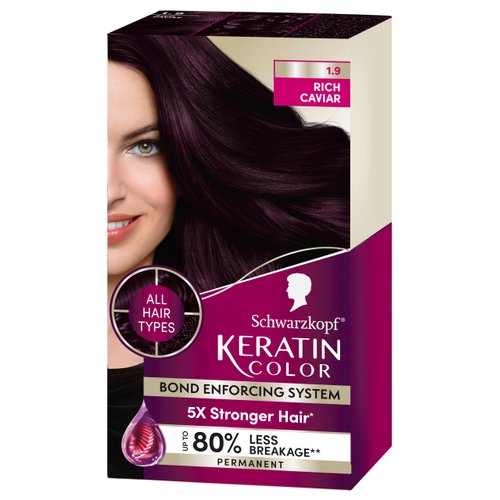 Schwarzkopf Keratin Color Permanent Hair Color, 1.9 Rich Caviar, 1 Application - Salon Inspired Permanent Hair Dye, for up to 80% Less Breakage vs Untreated Hair and up to 100% Gray Coverage