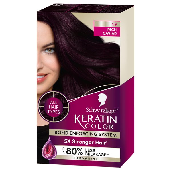 Schwarzkopf Keratin Color Permanent Hair Color, 1.9 Rich Caviar, 1 Application - Salon Inspired Permanent Hair Dye, for up to 80% Less Breakage vs Untreated Hair and up to 100% Gray Coverage