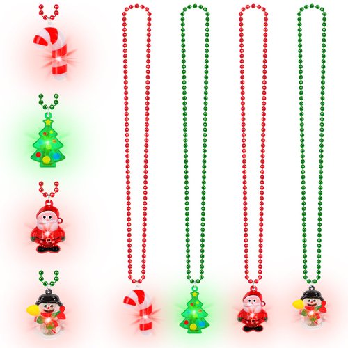4PCS Christmas Necklace, LED Christmas Light Up Necklace, Bead Chain Christmas Accessories, Christmas Kids Party Favors with Snowman Xmas Tree Santa Claus Light Up Necklace Christmas Friends Party