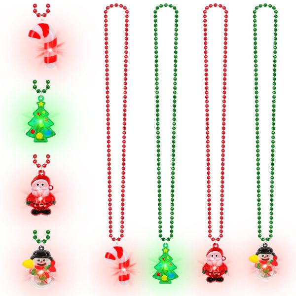 4PCS Christmas Necklace, LED Christmas Light Up Necklace, Bead Chain Christmas Accessories, Christmas Kids Party Favors with Snowman Xmas Tree Santa Claus Light Up Necklace Christmas Friends Party