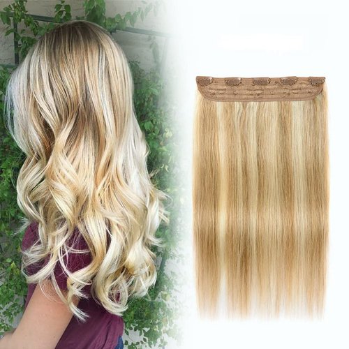 Winsky Hair Extensions Real Human Hair Clip in - One Piece Brown Highlights Blonde Remy Hair Pieces 70gram for Women (14inch, 18/613)