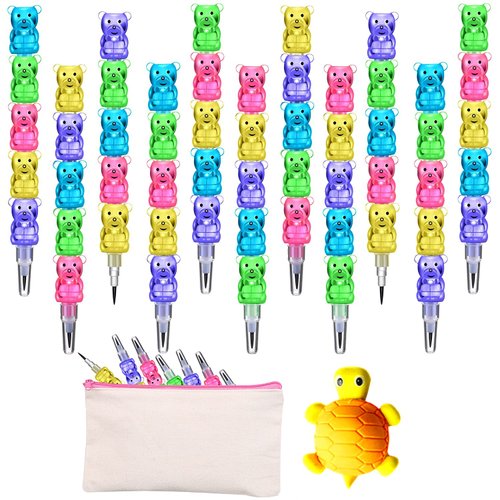 Odowalker 32pcs Stackable Pencils Plastic Bear Pencils Kids 5 in 1 Stacking Colored Pencils with Turtle Erasers and DIY Blank Bag For Kids Children Birthday Party Supplies School Fun Equipment