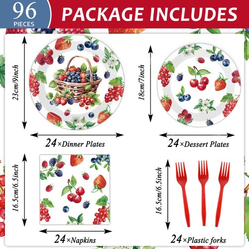 gisgfim 96 Pcs Berry Party Supplies Berry Paper Plates Napkins Strawberry Blueberry Birthday Party Disposable Tableware Set Berry Sweet Party for Girls Kids Baby Shower Decorations Favors Serves 24