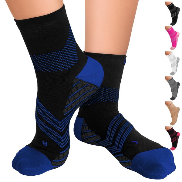 TechWare Pro Plantar Fasciitis Socks – Therapy Grade Cushion Ankle Compression Socks Women & Men. Ankle Brace & Arch Support (Blk/Blu Small)