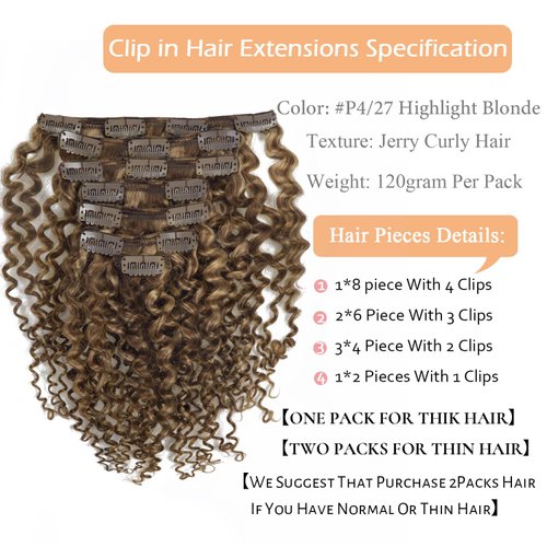 Lacerhair 3B 3C Curly Clip in Hair Extensions Highlight Strawberry Blonde Double Weft Soft Real Remy Hair Clip ins 18Inch Jerry Curly Human Hair Extensions for Black Women #P4/27