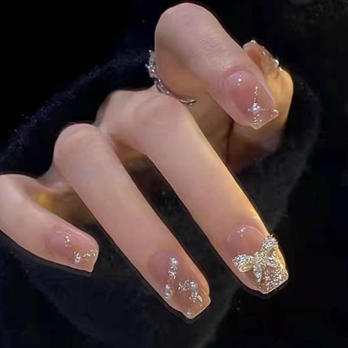 Hkanlre Square Press on Nails Rhinestones Fake Nails Tips Full Cover Nude False Nails for Women and Girls 24PCS