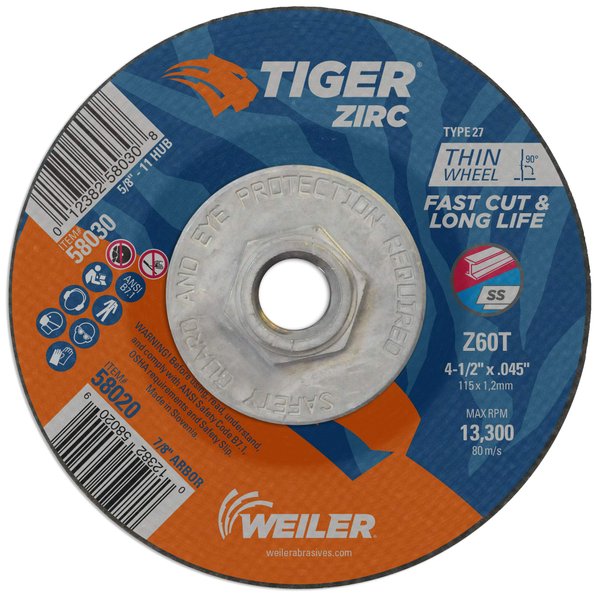 Weiler 58030 4-1/2 Inch Cutting Wheel, Tiger Zirc Steel/Metal Fast Cut & Long Life High Performance Cutting, .045" Z60T Type 27 5/8"-11 Hub, Pack of 10