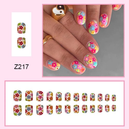 24 Pcs Colorful Flowers Press on Nails CEWEWP Short Fake Nails Square Stick on Nails Spring Glue on Nails Acrylic Nails with Flower Cluster Design False Nails for Women Or Girl Manicure