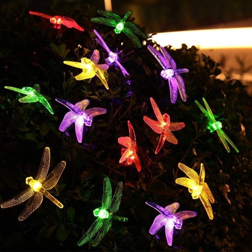 DINOWIN Dragonfly Lights, 20FT/6M 30 LED Solar String Lights with 8 Modes Lights Waterproof for Outdoor, Garden, Christmas Decorations (Multicolor)