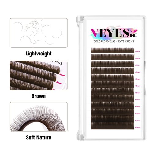 VEYES INC Colored Lash Extensions 03 05 07 15 C/D Curl 8-16mm Mixed Length Tray, Premium Individual Silk Eyelashes, Professional Supplies for Lash Techs (Dark Latte Brown 0.05 D 8-16mm)