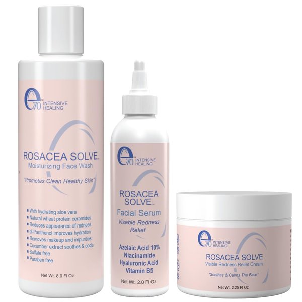 E70 Rosacea Solve Set - Rosacea Treatment Will Visibly Reduce Redness, Dermatitis, And Irritation - For All Skin Types - Includes Anti-Redness Face Cream, Facial Serum And Moisturizing Face Wash