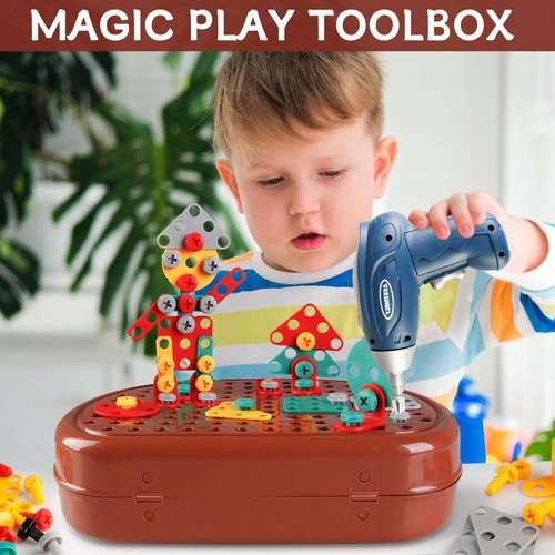 Magic Montessori Play Toolbox, Magic Montessori Play Toolbox Bear with Drill, 204 Pcs Creative Mosaic Puzzle Toy with Electric Drill Screw Tool Set for Kids（ Brown）