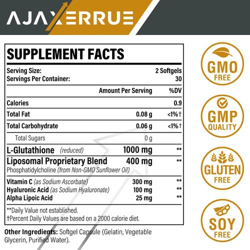 AJAXERRUE 1400 mg Liposomal Glutathione, Superior Absorption Complex Reduced Glutathione Supplement with Vitamin C, Hyaluronic Acid, Master Antioxidant for Liver Detox, Brain, Skin