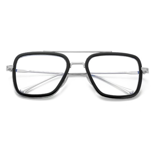 JOVAKIT Tony Stark Style Blue Light Blocking Glasses for Men Women, Iron Man and Spider-Man Retro Metal Frame Eyeglasses (Black Frame/Silver Temples)