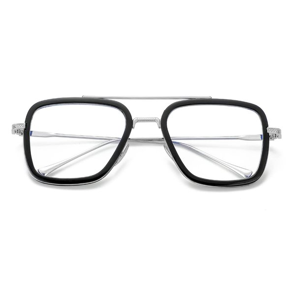 JOVAKIT Tony Stark Style Blue Light Blocking Glasses for Men Women, Iron Man and Spider-Man Retro Metal Frame Eyeglasses (Black Frame/Silver Temples)