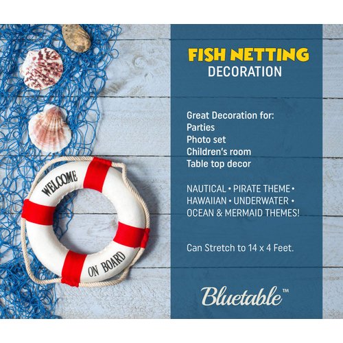 Fish Net Decoration Nautical Netting Decor - Fishing Net Decor, Mermaid Birthday Decorations, Pirate Party Fishnet, Decorative Beach Party, Spongebob Theme Ocean - Blue Color 48” x 144” Inches [2 Pack