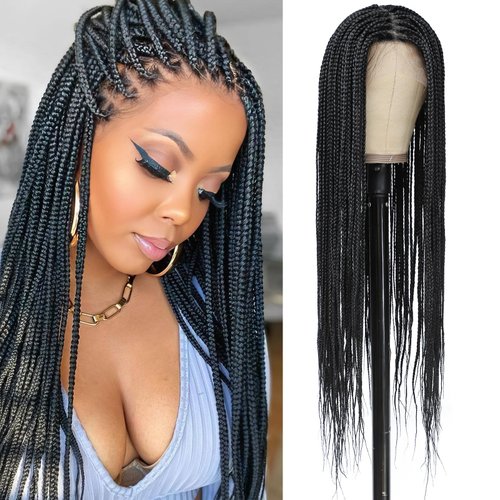 POSYTRESS Box Braided Full Lace Wigs for Women 360 Braided Wig Full Lace Wig with Box Braids Knotless Briaded Wigs Synthetic Braids Black Wig Square Based Braided Wigs (1b black)