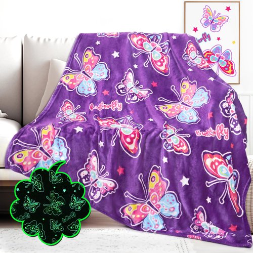 HWING Glow in The Dark Butterfly Blankets for Girls Butterfly Gifts for Women Kids Teens Soft Throw Blanket for Birthday Vacation Gifts Bedroom Decor