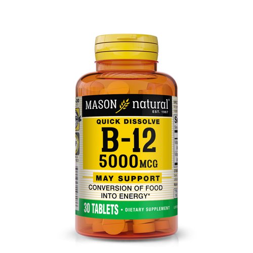 MASON NATURAL Vitamin B12 5,000 mcg (Cyanocobalamin) - Supports Conversion of Food into Energy, Dissolves Under Tongue (Raspberry Flavor), 30 Tablets