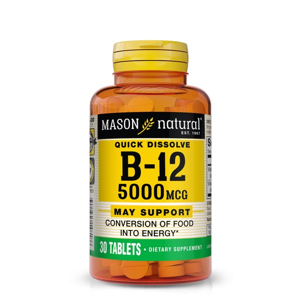 MASON NATURAL Vitamin B12 5,000 mcg (Cyanocobalamin) - Supports Conversion of Food into Energy, Dissolves Under Tongue (Raspberry Flavor), 30 Tablets
