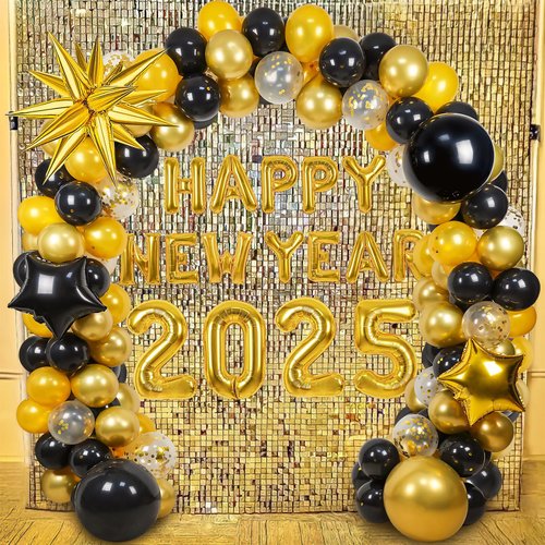 Happy New Year Party Decorations, 18 10 Inch Black Gold New Year Eve Balloon Arch with 32 Inch 2025 Foil Balloons Happy New Year Banner for New Year Party Decoratons New Years Eve Party Supplies 2025
