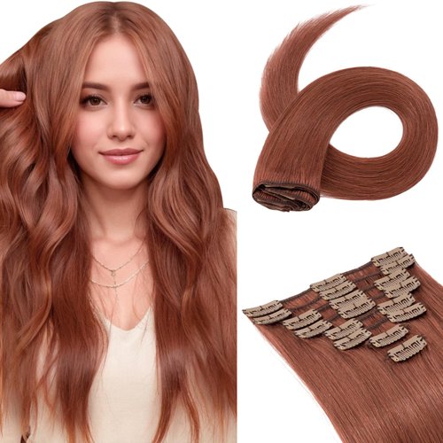 Benehair Clip on Hair Extensions Real Human Hair Auburn Hair Extensions Clip in Human Hair Long Straight Remy Natural Full Head 8pcs Real Hair Extensions for Women 20inch #33 Dark Auburn