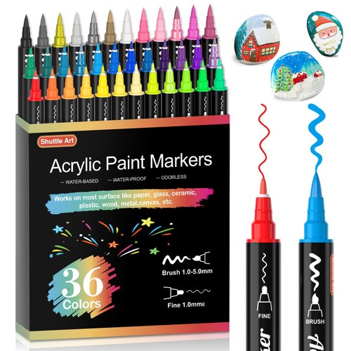 Shuttle Art 36 Colors Dual Tip Acrylic Paint Markers, Brush and Fine Tip for Rock Painting, Ceramic, Wood, Canvas, Plastic, Glass, Stone, Calligraphy, Card Making, DIY Crafts