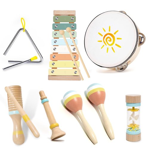HOBBTREE Musical Instruments for Toddlers 1-3, Wooden Montessori Musical Toys Set for Baby 1 Year Old with Boho Xylophone/Drum, Kids Preschool Educational Christmas Birthday Gifts for Girl Boy
