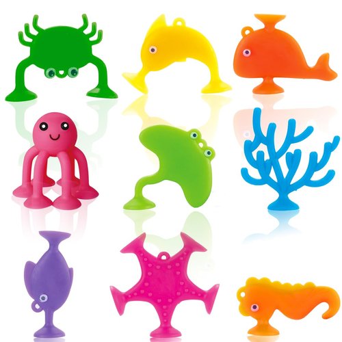 Suction Bath Toys for Kids, 9 PCS Silicone Ocean Animal Suction Cup Toys, Mold Free No Hole Bathtub Toy, Sensory Window Building Toy Gifts for Toddler Children Kids Over 1 Years