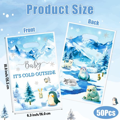 ArianQicult 50Pcs Polar Animals Party Favor Bags, Winter Animals Party Gift Bags, Watercolor Winter Candy Treat Bags, Bear Penguin Themed Party Decoration for Winter Baby Shower Birthday Party