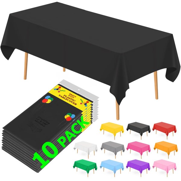 10 Pack Black Plastic Tablecloths for Rectangle Tables, 54 x108 Inch Plastic Table Cloths for Parties Disposable for Birthday & Weddings, Table Cover for Festival Party (Black)