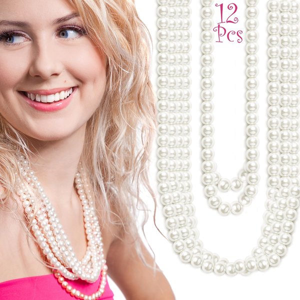 GIFTEXPRESS Pearl Bead Necklaces - 12 Piece Faux Party Favor Beads for Men, Women & Kids - 33" Long Plastic Decoration Beaded Necklace - Bulk St. Patricks Day, Mardi Gras & Christmas Pendant Accessories