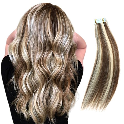 RINBOOOL Tape in Hair Extensions Human Hair, 20 Inch 50 Gram 20 Pieces, Real Natural Remy, 2 Tone Piano Color, Platinum Blonde Highlighted Medium Brown, 6/60