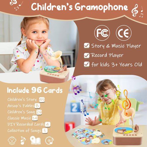 Toddler Phonograph with 96 Learning Cards, Story and Music Player for Kids, Kids Gramophone, Toddler Record Player for Girls and Boys, Children's Story Machine for Kids
