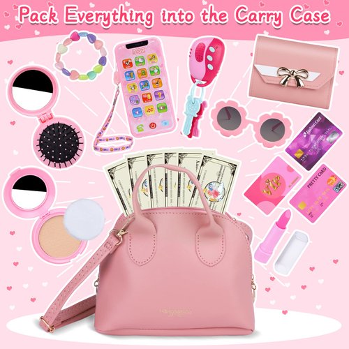 Learn2M Play Purse for Little Girls Ages 3-6, My First Purse Toy with Handbag, Makeup Set, Sunglasses, Smartphone, Wallet, Car Keys, Credit Cards and Fake Money