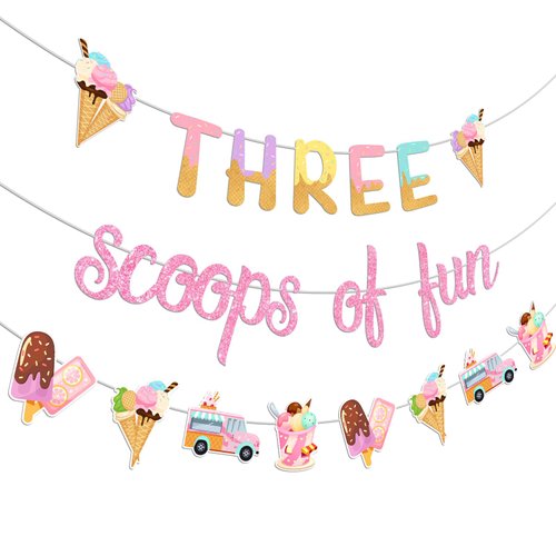 Jollyboom Three Scoops of Fun Banner Ice Cream 3rd Birthday Party Decoration for Girls, Glitter for Girl Summer Ice Cream Theme 3rd So Sweet Birthday Party Decoration