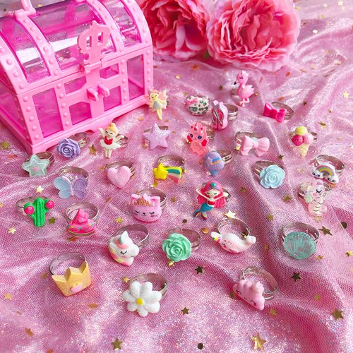 EleMirsa 30pcs Little Girl Jewel Rings Adjustable Costume Princess Pretend Play and Dress Up Rings for Girl Toddlers Kids Children's Jewelry Set Toy Treasure Box Birthday Gifts for Girls