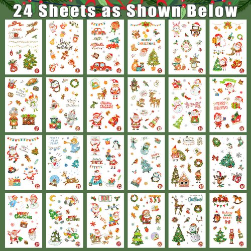 Partywind 24 Sheets Glitter Christmas Temporary Tattoos, 360 Styles Christmas Kids Stocking Stuffers for Party Supplies Favors, Surprise Christmas Countdown Calendar Goodie Bag Fillers