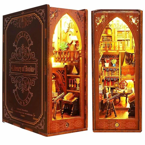 Funle Book Nook Kit for Adult, DIY Miniature Dollhouse Booknook Kit with LED Lights, 3D Wooden Puzzle Bookend for House Home Library Decor (Library Book Nook)