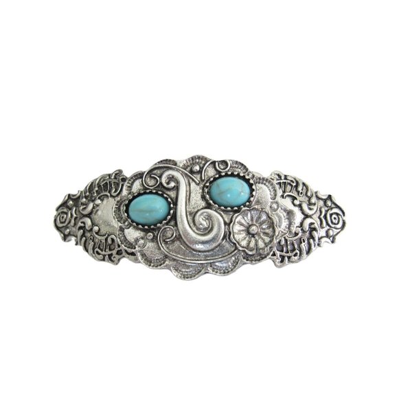 Small blue stone silver tone metal flower western hair clip barrette thin hair