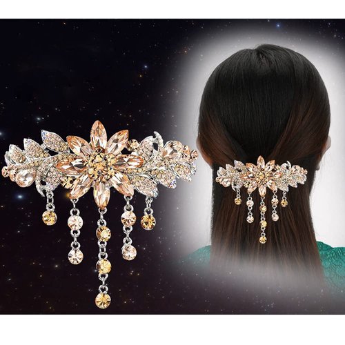 E EMZHOLE Luxury Hair Barrettes Flower Tassel Design Spring Clip Rhinestone Hairpin Crystal Hair Clip Hair Accessories for Women Girls (Champagne)