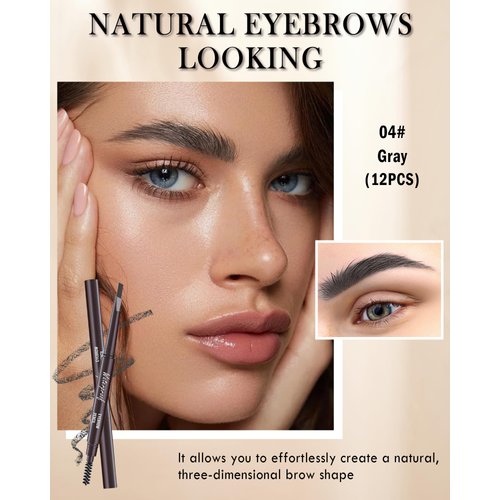 12Pcs Gray Eyebrow Pencil for Older Women Soft,Brow Shape and Fill Eye Brow Pencil Kit,Long Lasting Smudge-Proof Easy to Color, Retractable Brow Pen with Brow Razor, Lapiz De Cejas A Prueba De Agua-04